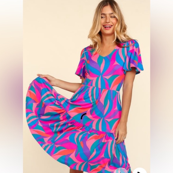 Colorful Flutter Sleeve V Tiered Bottom Midi Dress. - Picture 1 of 3